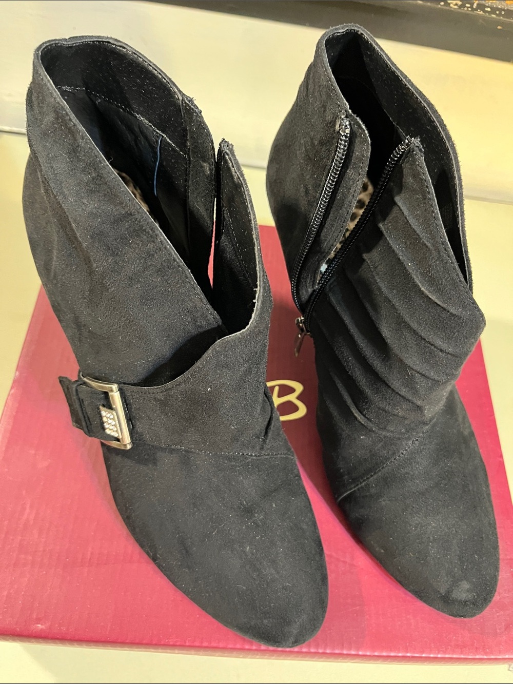 Kathy Van Zeeland Black Suede Ruched Ankle Boots with Buckle